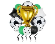 15Pcs Soccer Balloon Set Green White Black Soccer Ball Gold Champion Trophy Foil Balloon for Sports Theme Birthday Party Decorations