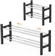 [Nuduko] Expandable Shoe Rack Storage Organizer - 2 Tier Adjustable Wood and Metal Shoe Shelf Heavy Duty Small Shoe Rack for Closet Bedroom Entryway (Black)