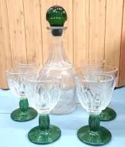 Avon 1982 Emerald Accent Cordial 6 Wine Glasses, Green Stem & Decanter