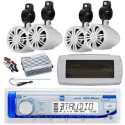 Dual Bluetooth Marine Radio,Cover,Antenna,Amp w/Kit, 4x 2.25" 10W White Speaker