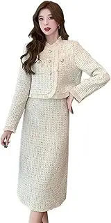[JYHBHMZG] Sequins Tweed Two Piece Set Women Outfits Retro Short Jacket Coat+Midi Skirt Suits 2 Piece Sets
