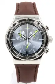 New Swiss Swatch Irony STOCK XCHANGE Chrono Date Leather Watch 44mm YVS429 $190