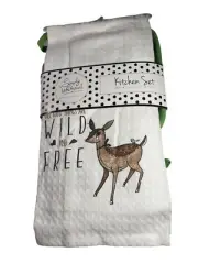 SIMPLY WHIMSICAL Baby Deer Fawn Kitchen Towel Potholder Oven Mitt 3 pc Set Plaid