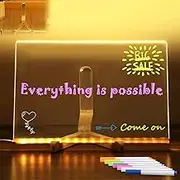Luminous Acrylic Message Board, DIY Erasable Acrylic Luminous Writing Board, Led Note Board with Colors, Light Up Drawing Board for Kids with Stand and 7 Markers for Planning, Drawing (20 * 20cm)