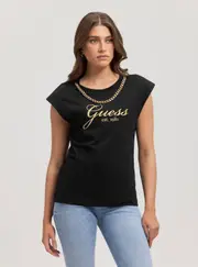 GUESS Women's Eco Black Crystal Logo T-Shirt Size: Large, Cotton