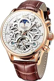 [OLEVS] Men's Watch Leather Skeleton Automatic Mechanical Tourbillon Calendar Moon Phase Luminous Waterproof Luxury Business Wristwatch