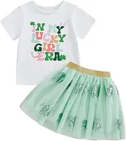 [YINGISFITM] St Patricks Day Baby Girl Outfit Letter Short Sleeve T Shirt + Clover Sequin Skirts Sets Toddler Girl Clothes