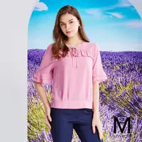 在飛比找momo購物網優惠-【MYVEGA 麥雪爾】MA棉質素面荷葉抽摺上衣-粉紫