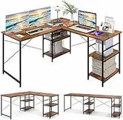 Costway L-Shaped Corner Desk, Convertible Computer Desk w/ 4-Tier Shelves & 3 Cable Holes, Modern Gaming Writing Workstation, 242 cm 2-Person Long Computer Desk for Home Office (Rustic Brown)