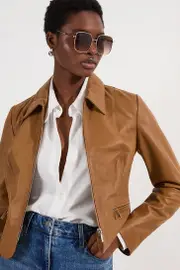 Leather Collared Zip Through Tailored Jacket