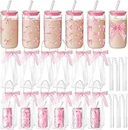 Skylety 6 Sets Coquette Bow Aesthetic Cup with Clear Gift Bag Pink Glass Iced Coffee Cups with Lids and Straws 16 oz Reusable Beer Tumbler Gifts for Tea Cocktail Women Party Supplies