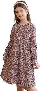 [SOLOCOTE] Girls' Christmas Print Dress, A-Line Long Sleeve Crew Neck Maxi Casual Dress
