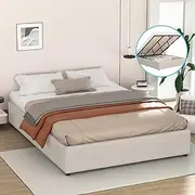 ALFORDSON Bed Frame Base with Gas Lift Storage King Size Wilbur Series Without Bed Head, Mattress Topper Platform Foundation with Linen Fabric Upholstery for Bedroom, Fabric Beige