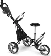 PP-Kic 3-Wheel Lightweight Aluminum Golf Cart, Foldable Golf Bag Trolley with 4 Adjustable Height Handles, Umbrella Holder, Seat, Scorecard Holder, Storage Bag and Foot Brake
