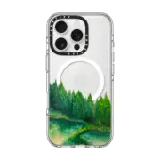 iPhone 16 Pro Clear Case MagSafe Compatible WOODLAND RETREAT 4, FOREST TREES GREEN AQUA TEAL NATURE MOUNTAINS PAINTING