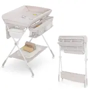Giantex Foldable Baby Changing Table w/ Wheels Diaper Changing Station 3 Adjustable Heights Nursery Organizer, Beige