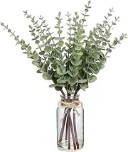 VIERENA 17.5" Artificial Eucalyptus Stems in Glass Vase with Faux Water,Fake Plant Eucalyptus Leaves White Seeds for Centerpiece Table Decorations Farmhouse Wedding Home Greenery Decor (Sage Green)
