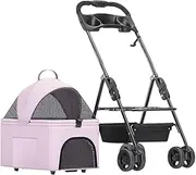 Breathable Dog Pushchair Cart Foldable Pet Stroller Carriage Travel Cage Carrier, Pet Dog Strollers for Small Medium Dogs, Pet Cat Stroller Separable Dog Pram with Cup Holder(Pink)
