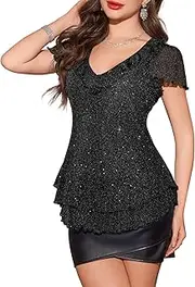 [BeryLove] Women's Sparkly Sequin Tops V-Neck Club Ruffle Short Sleeve Glitter Tops Daily Outing Top Evening Top