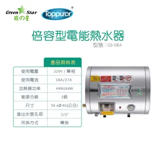 【泰浦樂】綠之星倍容(有隔板)貯備型電熱水器(銅加熱器)8加侖直掛式(6KW) GS-08A