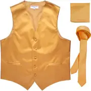 New Men's Solid Tuxedo Vest Waistcoat & 1.5" Skinny Necktie Set Gold formal prom