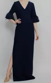 $395 Aidan Mattox Women's Blue Feathered-Cuff V-Neck Gown Dress Size 2