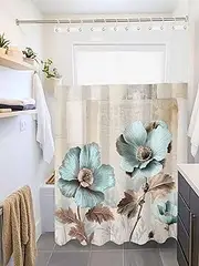 Clblhlolkuy Waterproof Shower Curtain for Bathroom, Teal Flowers Vintage Beige Boho Style Hotel Fabric Soft Bath Curtain with Semi-Transparent Top Window & Hooks, 72"x72"