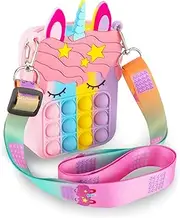 CXPHT Push Bubble Pop Simple Fidget Unicorn Handbag, Push Bubble Fidget Sensory Toys Crossbody Handbag Shoulder Bag, Silicone Small Purse Relieve Stress Relief Bag Dimple Toy Kid Adult. (Multicolour)