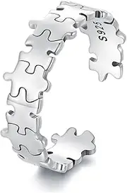[Kokoma] Fashion Jigsaw Puzzle Open Statement Ring 925 Sterling Silver Adjustable Minimalist Finger Band Toe Rings Eternity Promise Rings Engagement Band Jewelry Gifts for Women, Sterling Silver, No Gemstone