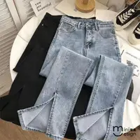 在飛比找momo購物網優惠-【Mini 嚴選】現貨 高腰開衩闊腳牛仔長褲(藍色)