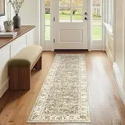 JINCHAN Rug 61x152 Runner Rug Washable Kitchen Mat Low Pile Vintage Rug Hallway Rug Taupe Floral Print Non Slip with Rubber Backing Ultra-Thin Rug Entryway Bathroom Laundry Room Bedroom Farmhouse