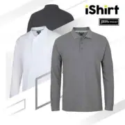 MENS POLO SHIRT LONG SLEEVE COTTON PIQUE POLO PLAIN COLOUR BASIC POLO TOP