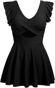 [IWEMEK] Women's Tankini Set Two Piece Swimsuit Tummy Control Swimsuit with Shorts with Bra Flutter Sleeves Cross V-Neck Backless Swimwear Beachwear