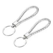 2Pcs Braided Leather Keychains for Bags Wallets (Silver)