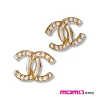 在飛比找momo購物網優惠-【CHANEL 香奈兒】針式耳環(經典雙C 白色條紋 淡金色