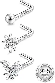 [Milacolato] 3PCS Nose Studs Sterling Silver for Women Men 20G Gold Nose Stud L Shaped Hypoallergenic Tiny Nose Stuf 925 Sterling Silver CZ Butterfly Nose Stud Nose Ring Piercings Jewellery