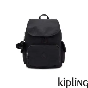Kipling『猴子包』曜岩黑品牌經典圓標拉鍊掀蓋後背包-CITY PACK S