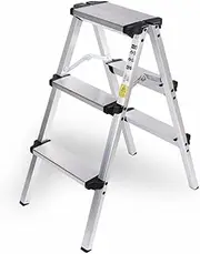 [HORUSDY] Portable 3-Step Folding Ladder, Aluminium Frame Light Weight Anti Slip Safety Small Ladder, Heavy Duty 150KG Capacity