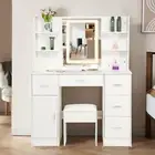 White Dressing Table Set with Lighted Mirror and Dresser Stool Large Vanity Desk
