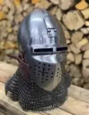 Medieval Knight Viking ROA Bascinet Cross Design Riveted Chainmail Helmet 16 Ga