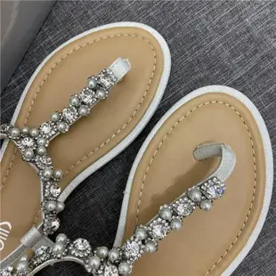 2022夏季新款仙女風珍珠水鉆夾趾平底涼鞋一字帶女鞋外貿鞋羅馬鞋