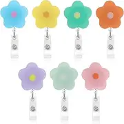 TJHypenete 7Pcs Badge Reel Holders, Acrylic Retractable Badge Holder with Clip, Cute Flower Colorful Badge Reel ID Card Holders, Name Tag Keys Lanyards Accessories for Worker Doctors Nurses Teacher