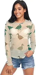 [RPLIFE] Silhouettes Ducks Green Beige Net Tops for Women, Womens Sheer Tops S-XXL