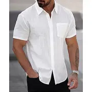 Men's Shirt Linen Shirt Casual Shirt Button Up Shirt Cotton Shirt Plain Vacation Street White Short Sleeve Turndown Summer Clothing Apparel Pocket