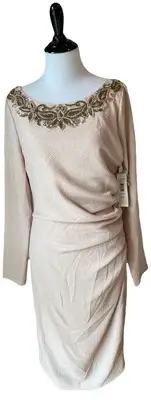 NWT Bagley Mischka Collection Dress Size 10 Ruched Metallic Beige Beaded$550
