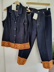 APART LADIES DENIM DETAILED 2 PIECE SET BUTTONED VEST + 3/4 PANTS SIZE 14
