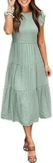 [Generic] Women Ruffle Cap Sleeve Round Neck Solid Smocked Tiered Midi Dress