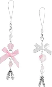 OJERRY Set of Two Pink Bow Balletcore Coquette Plastic Beaded Phone Charm Keychain Aesthetic Accessories Gifts for Women