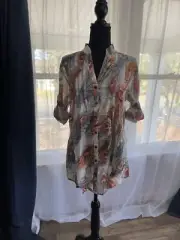 Chaudry KC Boho Button Down Shirt Size L Peacock Feather Print