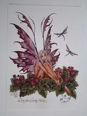 PINK PRIMROSE & DRAGONFLY FLOWER Faerie FAIRY POSTCARD ART PRINT BY AMY BROWN